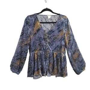 Sundance Velvet Riches Blouse XS Silk Rayon Peplum Burnout Long Sleeve Sheer V
